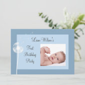 おめでとう!写真付き誕生日パーティー招待状(青) 招待状 (スタンド正面)