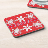 おめでとう!冬の白いスノーフレーク赤いパターン コースター (左側)