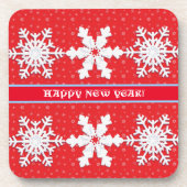 おめでとう!冬の白いスノーフレーク赤いパターン コースター (正面)