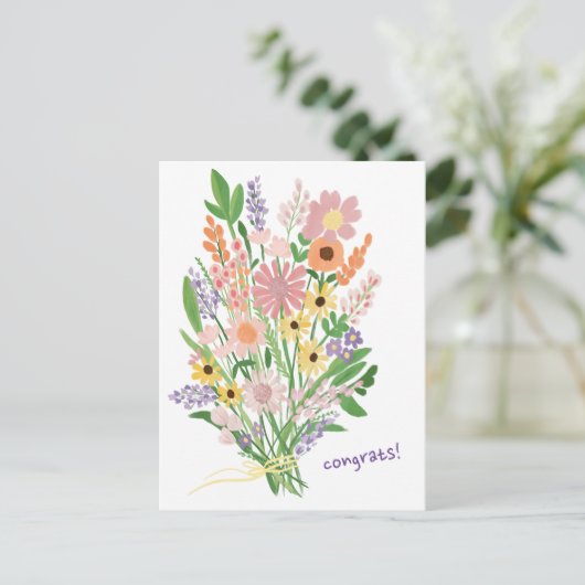 おめでとう!手描きのカラフルなワイルドフラワーのゴッチャ絵です ポストカード (スタンド正面)