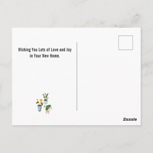 おめでとう 新しいお家 かわいい鉢植えの花の植物 ポストカード (裏面)