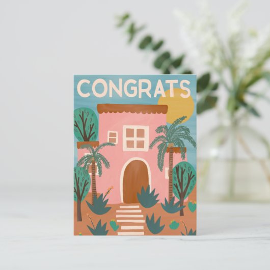 おめでとう!新居のアドビハウスとサボテンのカスタム ポストカード (スタンド正面)