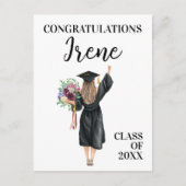おめでとう！水彩画の卒業する女の子と花 ポストカード (正面)