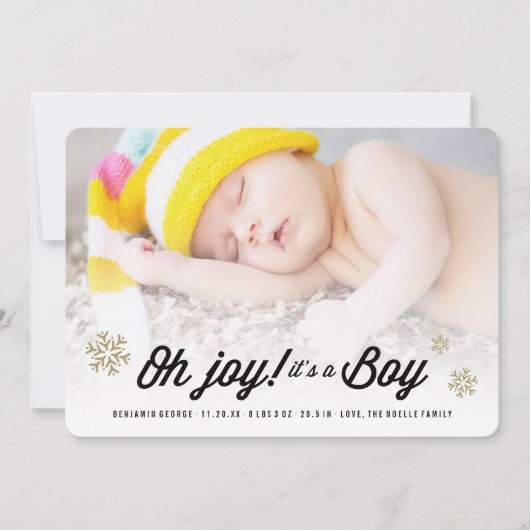 おめでとう！男の子よ！ スノーフレーク フォト ホリデー 誕生日のお知らせ シーズンカード (正面)