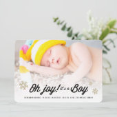 おめでとう!男の子よ! スノーフレーク フォト ホリデー 誕生日のお知らせ シーズンカード (スタンド正面)