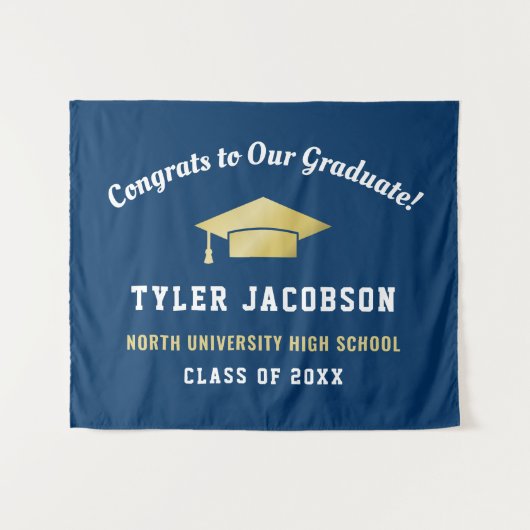 おめでとう 私たちの卒業生 ネイビーとゴールド カスタム タペストリー (正面(横))