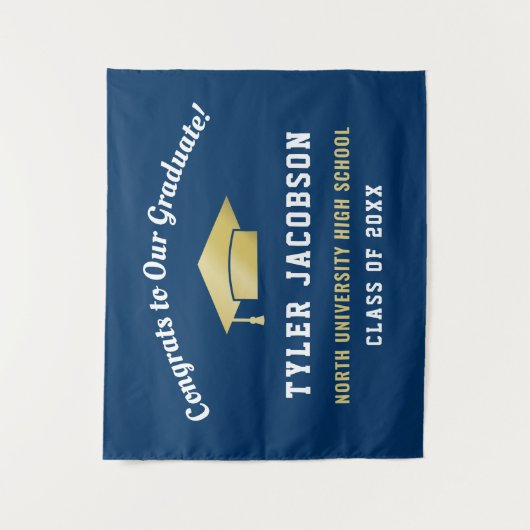 おめでとう 私たちの卒業生 ネイビーとゴールド カスタム タペストリー (正面)