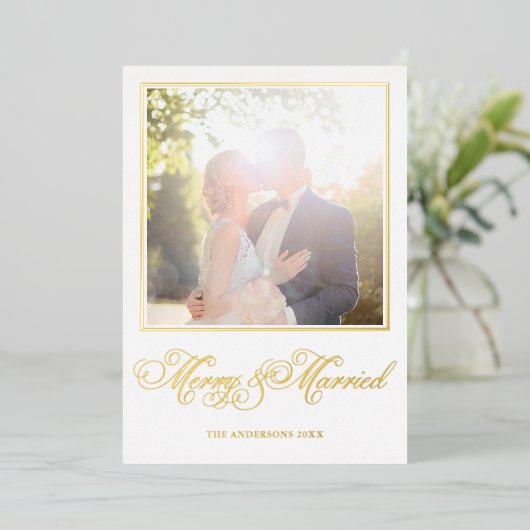 おめでとう！ 結婚記念　優雅なカリグラフィー写真 箔シーズンカード (立ち正面)