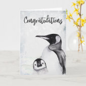 おめでとう！赤ちゃんペンギンの冬の雪 カード (黄色い花)