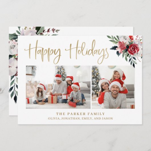 おめでとう |金ゴールド(2枚の写真と花) シーズンカード (正面/裏面)