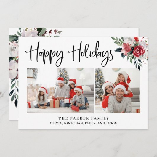 おめでとう | 2枚の写真と水彩フローラ シーズンカード (正面/裏面)