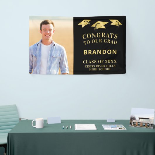 おめでとうGRADキャップトスフォトブラック金ゴールド 横断幕 (トレードショー)