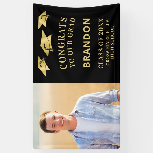 おめでとうGRADキャップトスフォトブラック金ゴールド 横断幕 (縦)