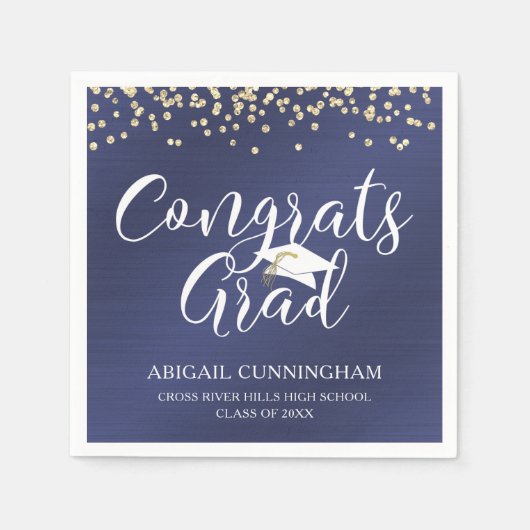 おめでとうGRADスクリプトタイポグラフィメタリックネイビーブルー スタンダードカクテルナプキン (正面)