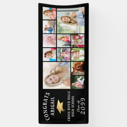 おめでとうGRAD 12フォトコラージュ金ゴールドキャップバナー 横断幕 (縦)