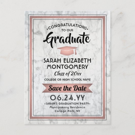 おめでとうGrad MarbleとPink日付写真を保存 案内ポストカード (正面)