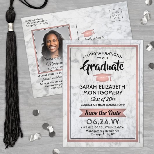おめでとうGrad MarbleとPink日付写真を保存 案内ポストカード