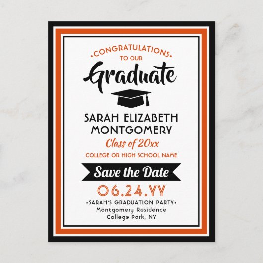 おめでとうGrad OrangeとBlack日付の写真を保存 案内ポストカード (正面)