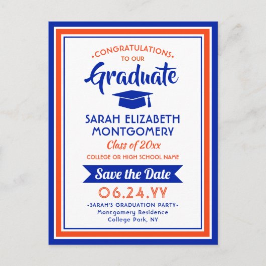 おめでとうGrad OrangeとBlue日付の写真を保存 案内ポストカード (正面)