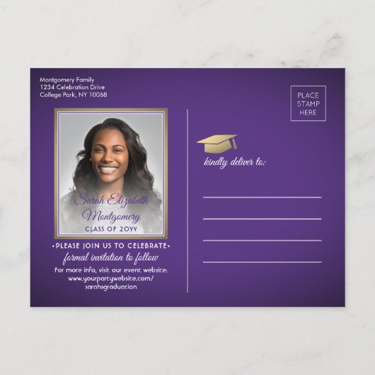 おめでとうGrad Purpleと金ゴールド日付写真を保存 案内ポストカード (裏面)