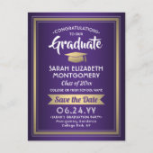 おめでとうGrad Purpleと金ゴールド日付写真を保存 案内ポストカード (正面)