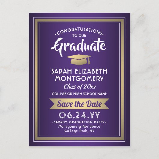 おめでとうGrad Purpleと金ゴールド日付写真を保存 案内ポストカード (正面)
