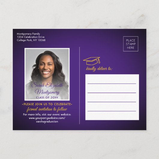 おめでとうGrad Purpleと金ゴールド日付写真を保存 案内ポストカード (裏面)