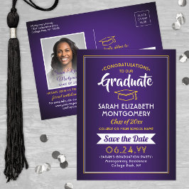 おめでとうGrad Purpleと金ゴールド日付写真を保存 案内ポストカード