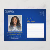 おめでとうGraduate Blueと金ゴールドSave the Date Photo 案内ポストカード (裏面)