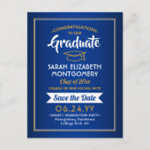 おめでとうGraduate Blueと金ゴールドSave the Date Photo 案内ポストカード (正面)