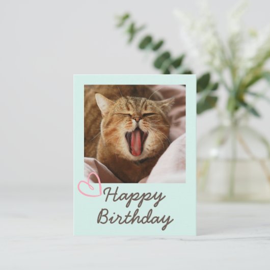 おもしろいあくびする猫とかわいいハッピーバースデー ポストカード (スタンド正面)