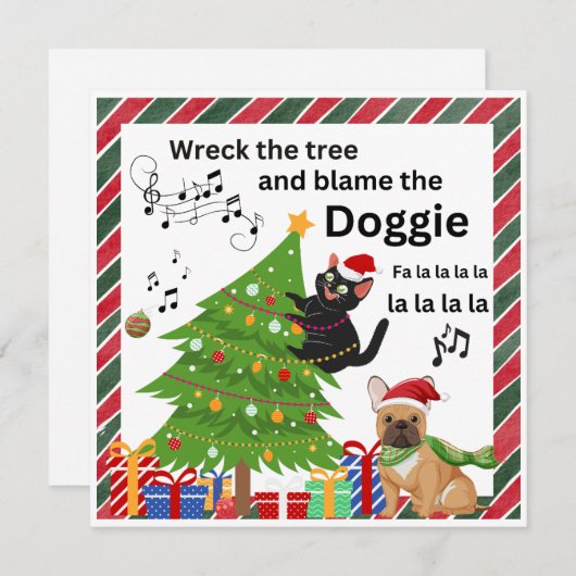 おもしろいいけな黒猫と犬のクリスマスツリー シーズンカード (正面/裏面)