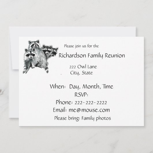 おもしろいいつでも、家族の懇親会かわいいラクーン動物 招待状 (裏面)