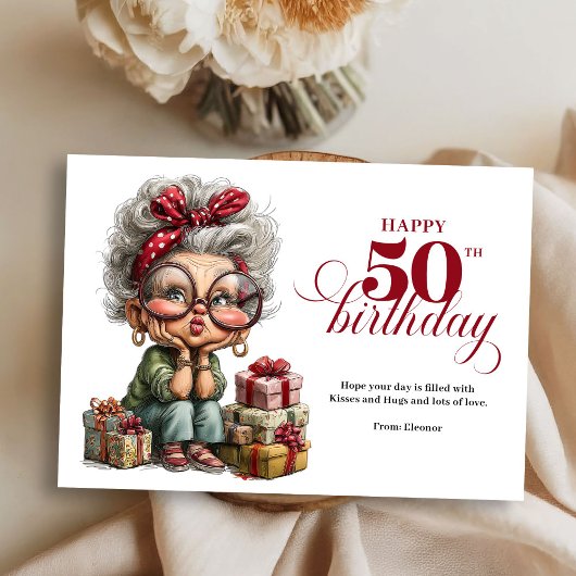 おもしろいおばさん50歳の誕生日お祝いカード 招待状