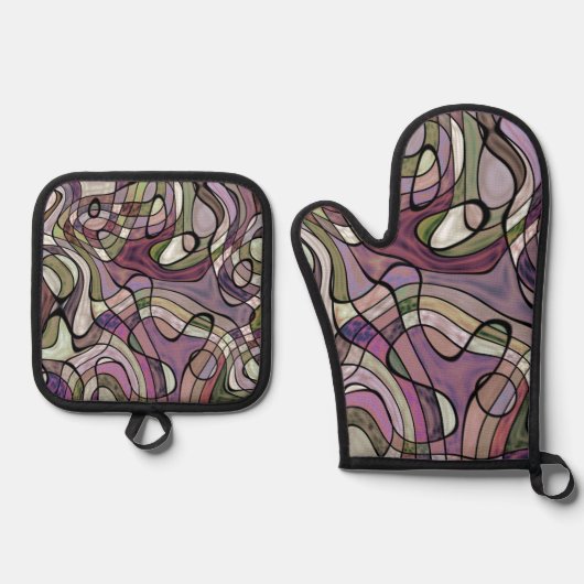 おもしろいお尻紫バイオレットブラックモザイクアートパターン 鍋つかみ&鍋敷きセット (正面)
