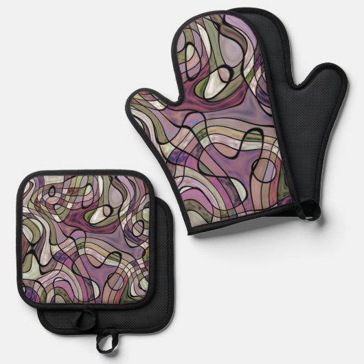 おもしろいお尻紫バイオレットブラックモザイクアートパターン 鍋つかみ&鍋敷きセット (正面/裏面)