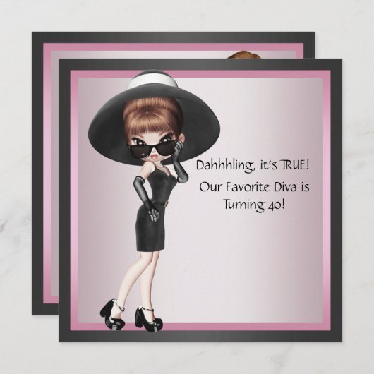 おもしろいお気に入りのディヴァ女性ピンクブラック40歳の誕生日 招待状 (正面/裏面)