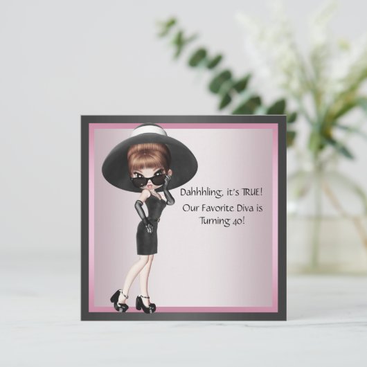 おもしろいお気に入りのディヴァ女性ピンクブラック40歳の誕生日 招待状 (スタンド正面)