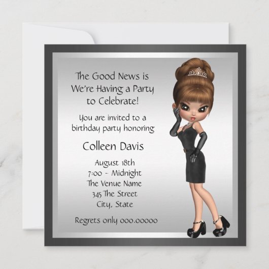 おもしろいお気に入りのディヴァ女性ブラック誕生日 招待状 (裏面)