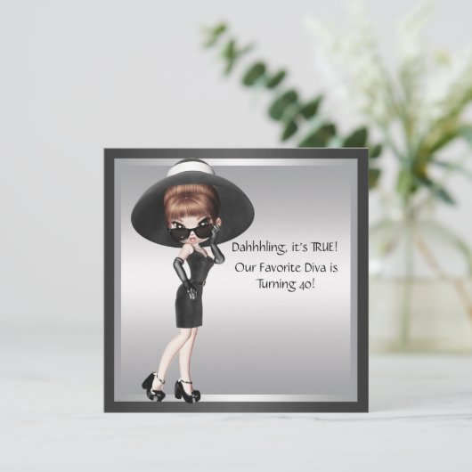 おもしろいお気に入りのディヴァ女性ブラック40歳の誕生日 招待状 (スタンド正面)