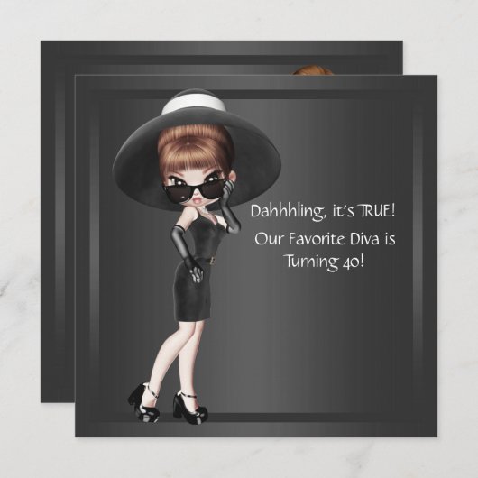 おもしろいお気に入りのディヴァ女性ブラック40th誕生日パーティー 招待状 (正面/裏面)