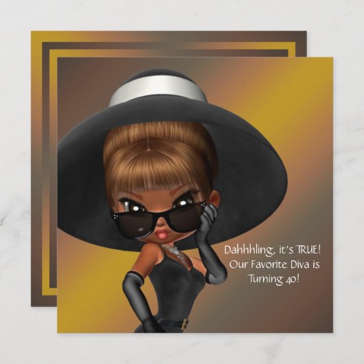 おもしろいお気に入りのディヴァ女性ブラック40th誕生日パーティー 招待状 (正面/裏面)