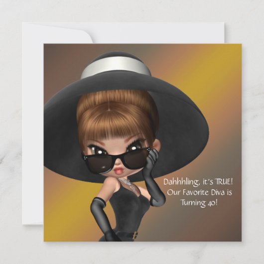 おもしろいお気に入りのディヴァ女性ブラック40th誕生日パーティー 招待状 (正面)