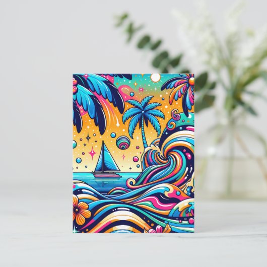 おもしろいお洒落サイケデリック帆船 ポストカード (スタンド正面)