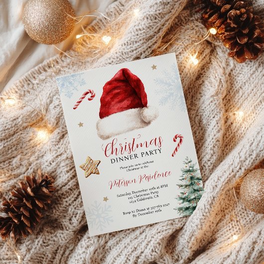 おもしろいお洒落サンタハットクリスマスディナーパーティー 招待状