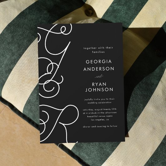 おもしろいお洒落スクリプトモノグラム白黒結婚の 招待状