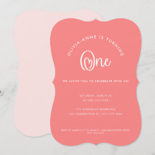 おもしろいお洒落ピンクハートスクリプト最初の誕生日 招待状