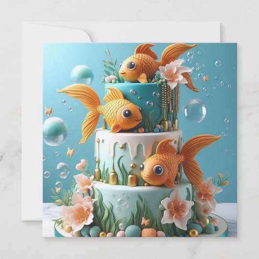 おもしろいお洒落大眼金魚お誕生日ケーキ カード (正面)