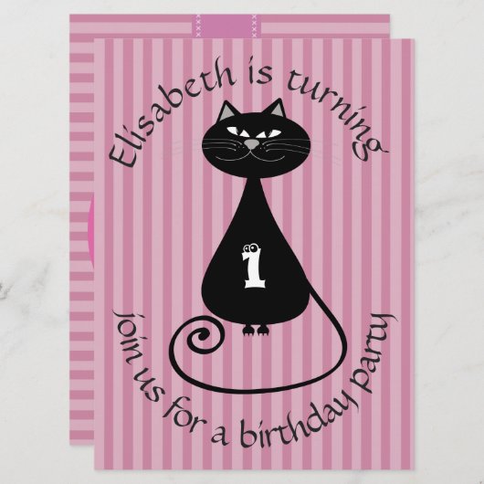 おもしろいお洒落黒猫の誕生日 招待状 (正面/裏面)