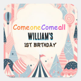 おもしろいかわいいキッズカーニバルサーカスショー1st誕生日 スクエアシール